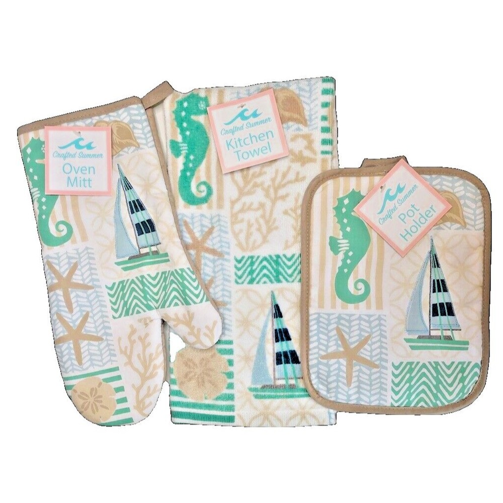 Seahorse Sailboat Dish Towel Oven Mitt Potholder Set of 3 Beach Summer House